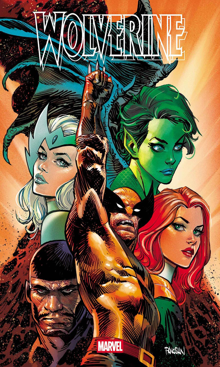 Comic book cover art for Wolverine featuring multiple Marvel characters including Kitty Pryde, Scarlet Witch, Black Panther, and others in a dramatic illustrated composition with the title WOLVERINE at the top and a Marvel logo at the bottom.