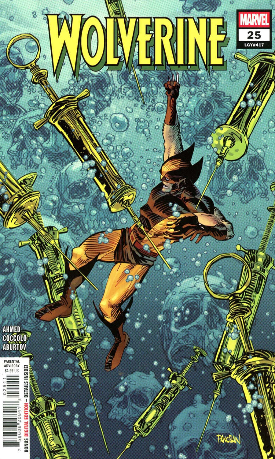 Marvel's Wolverine comic book cover, issue number 25, featuring Wolverine floating underwater among large golden syringes. The title 'WOLVERINE' is displayed in bold yellow letters at the top, with the Marvel logo in the upper right corner.