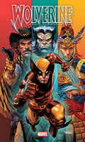 Marvel's Wolverine comic book cover art featuring the superhero in a dynamic forward pose, surrounded by illustrated historical characters on a multicolored background with the title 'WOLVERINE' at the top and the Marvel logo at the bottom.