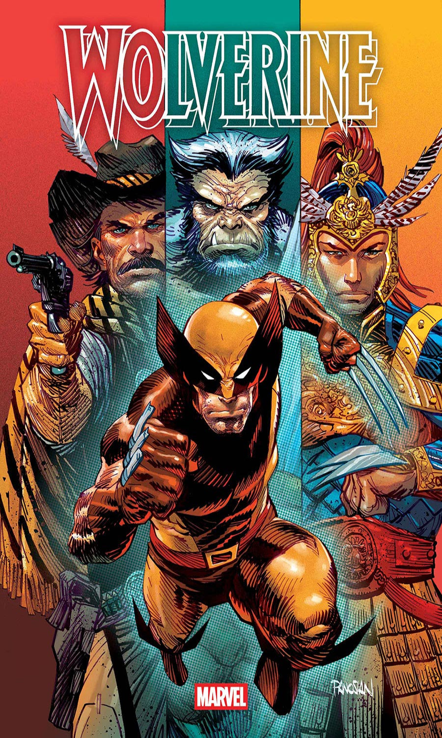 Marvel's Wolverine comic book cover art featuring the superhero in a dynamic forward pose, surrounded by illustrated historical characters on a multicolored background with the title 'WOLVERINE' at the top and the Marvel logo at the bottom.