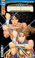 Two versions of Wonder Woman in action poses with a dark background