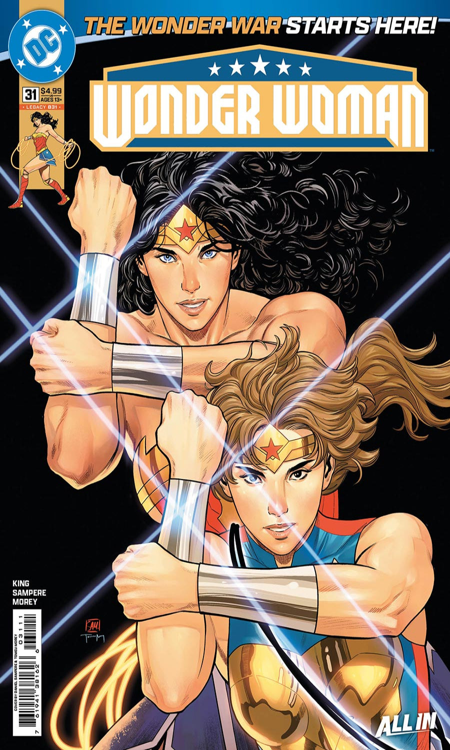 Two versions of Wonder Woman in action poses with a dark background