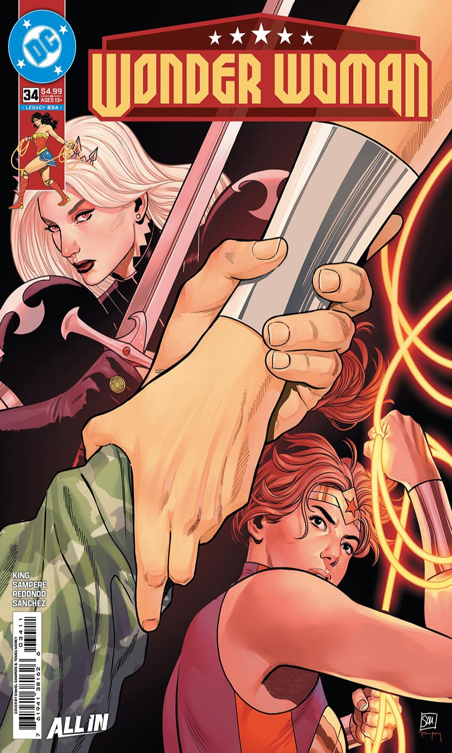 Comic book cover featuring Wonder Woman and another character with a sword and energy weapon.
