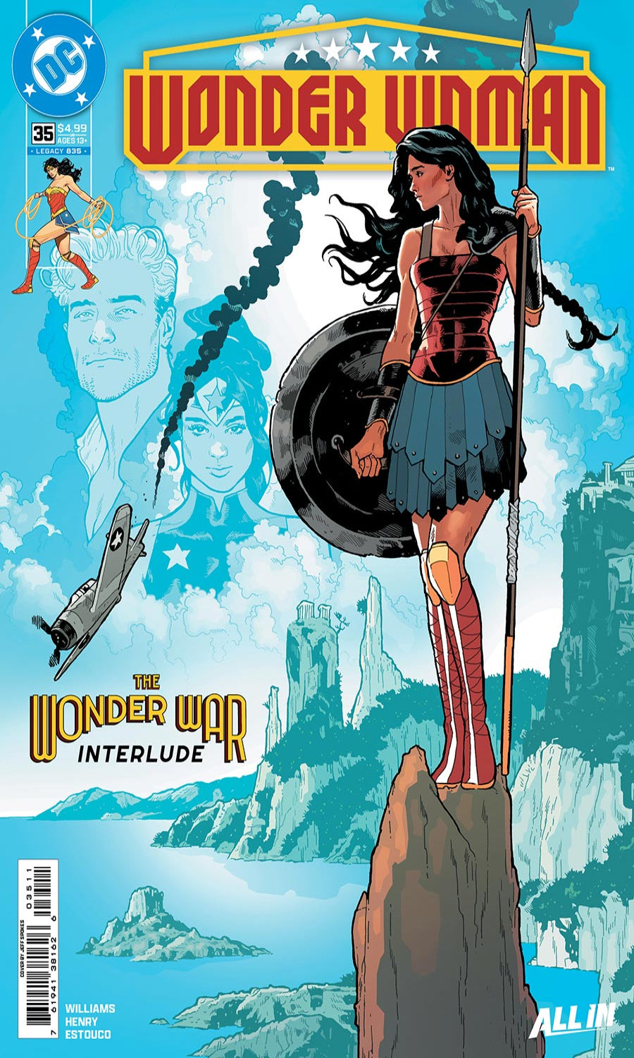 Comic book cover featuring Wonder Woman with a shield and spear, set against a mountainous landscape.