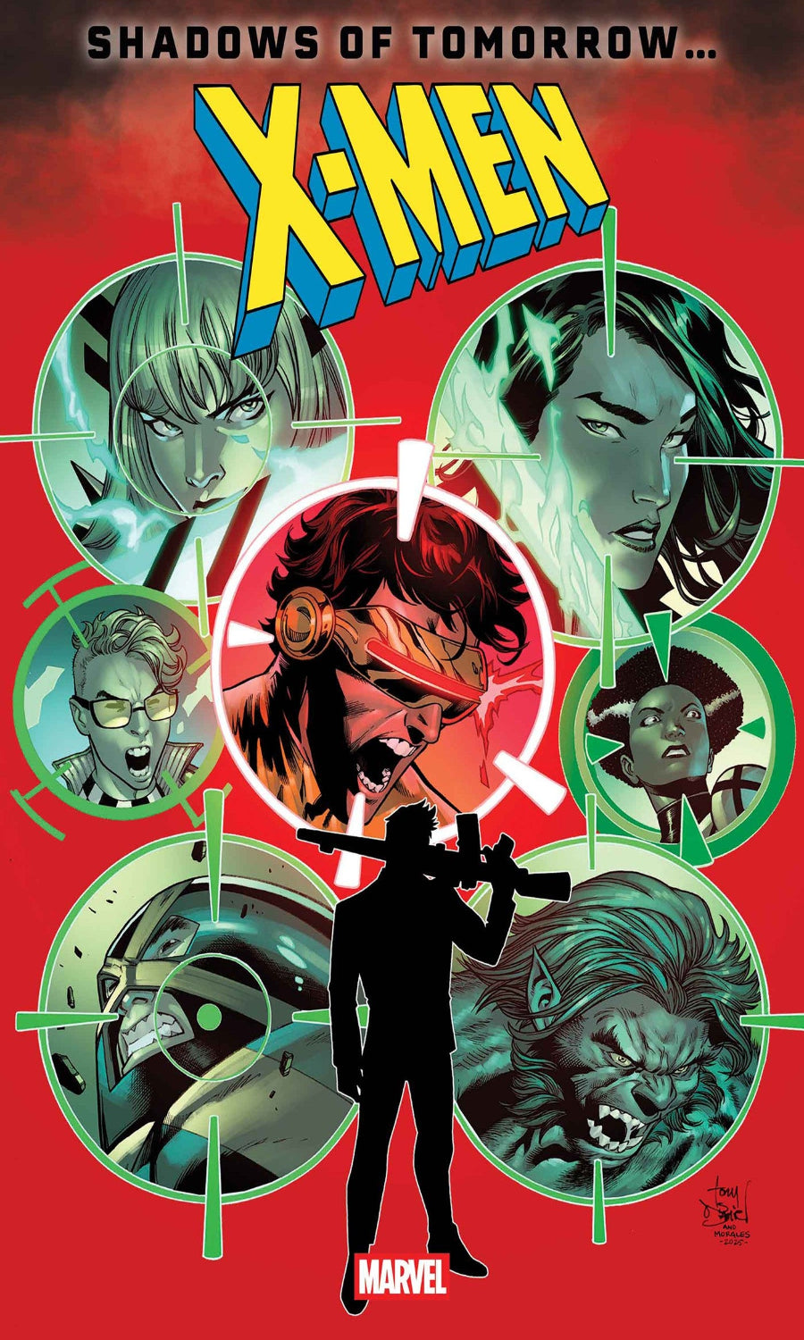 X-Men comic book cover with character silhouettes and red background