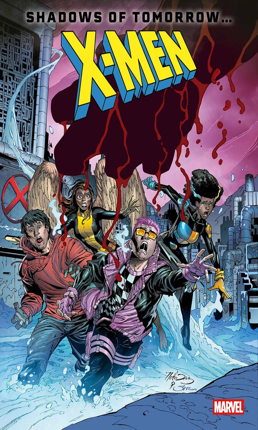 Comic book cover featuring X-Men with a dramatic background