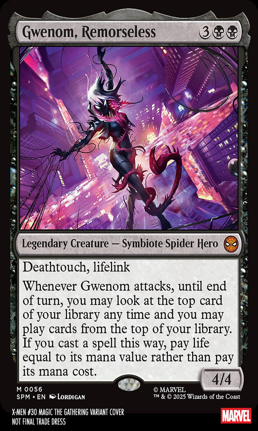 Card featuring Gwenom, Remorseless, a legendary creature from Marvel Comics with game text and artwork.