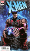 Marvel's X-Men #34 comic book cover featuring a muscular character in red and black armor holding a glowing orb, with the large X-Men title at the top.