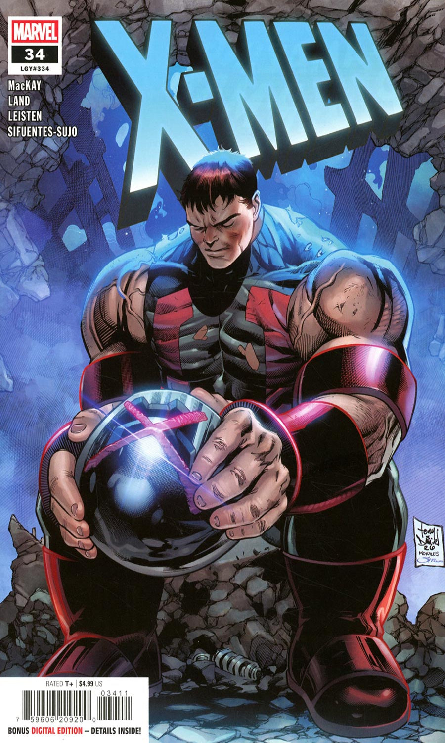 Marvel's X-Men #34 comic book cover featuring a muscular character in red and black armor holding a glowing orb, with the large X-Men title at the top.