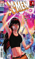 Marvel's X-Men 35th Anniversary Edition comic book cover, featuring a smiling woman in a black crop top and brown skirt with her arm raised, set against a vibrant multicolor background with the X-Men title at the top.