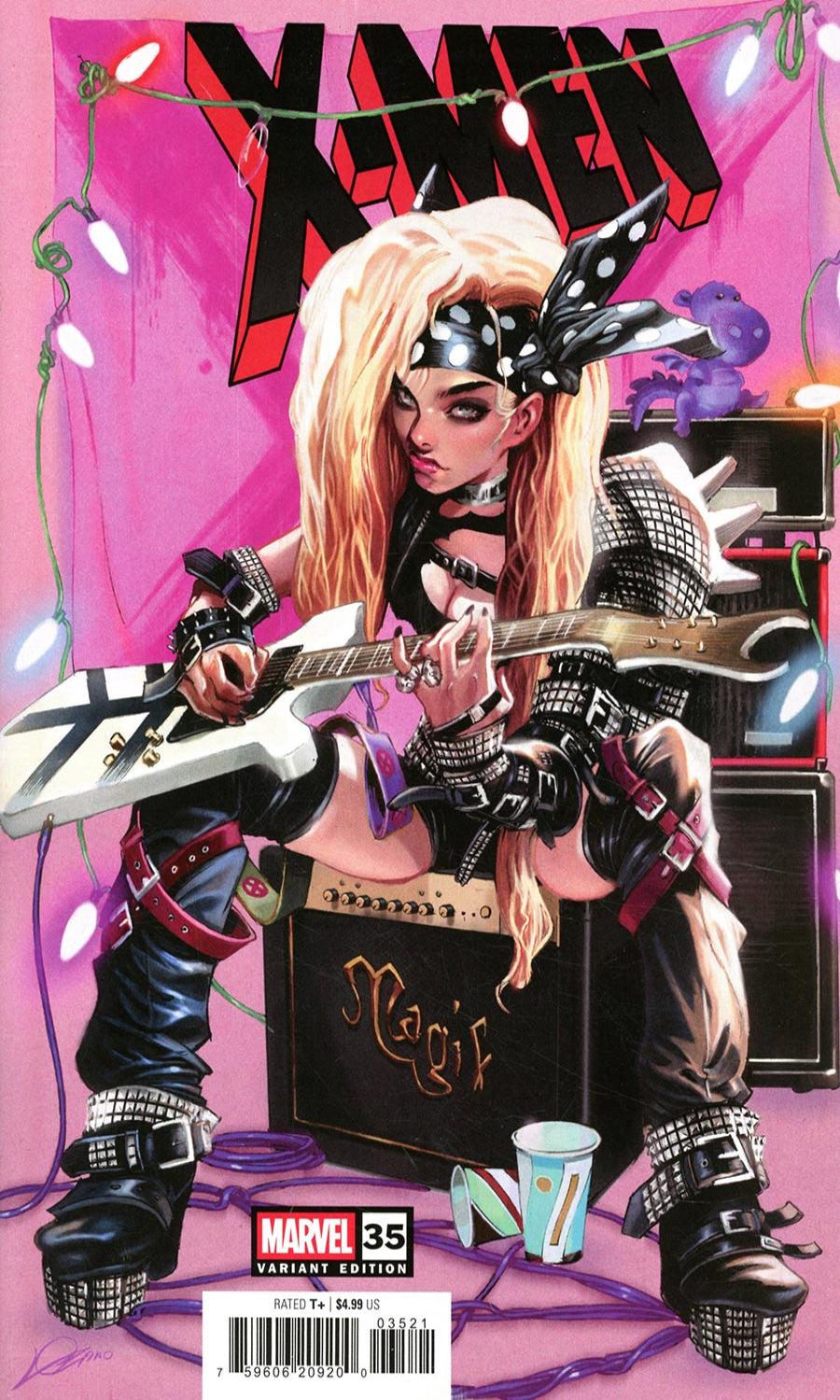 Marvel's X-Men #55 comic book cover featuring a stylized illustration of a blonde woman in a rock-and-roll outfit playing an electric guitar in front of a pink background with string lights and amplifiers.