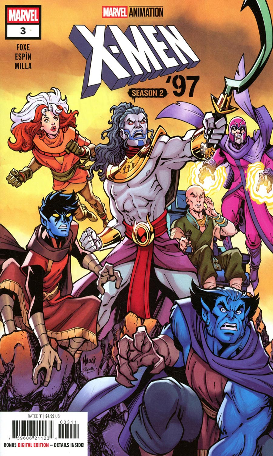 Marvel Animation X-Men Season 2 '97 comic book cover, Issue 3, featuring a group of X-Men characters including Cyclops, Wolverine, Jean Grey, and others against a bright yellow-orange background.