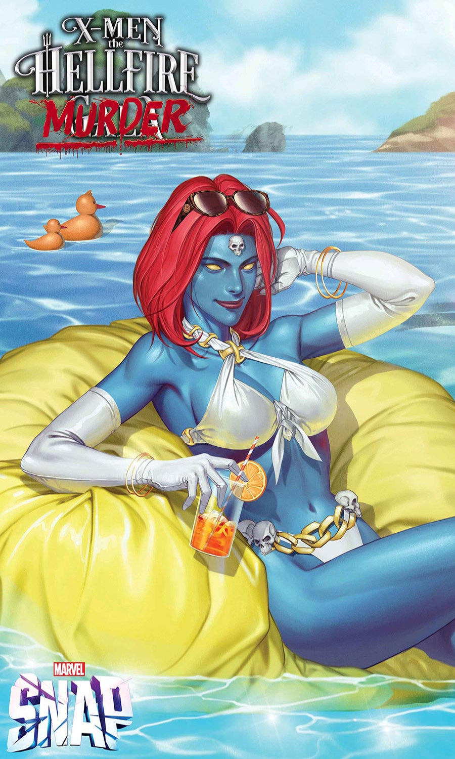 Comic book cover featuring a character lounging on an inflatable raft in the water with 'X-Men: Hellfire Murder' and 'Marvel Snap' branding.