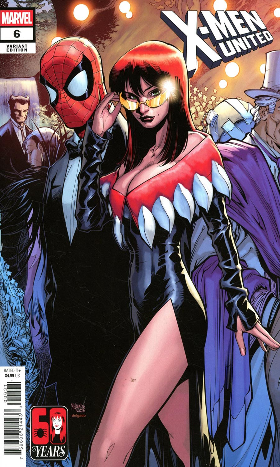 Comic book cover for Marvel's X-Men United Issue 6, featuring Spider-Man in a tuxedo beside a red-haired woman in a black and red costume with white shark-like teeth details. The title 'X-Men United' appears at the top, with the Marvel logo at the upper left and a 60th anniversary badge at the bottom left.