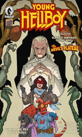 Comic book cover featuring characters from 'Young Hellboy' with a central figure holding hands.