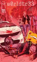 Comic book cover with a car accident scene and people in the background